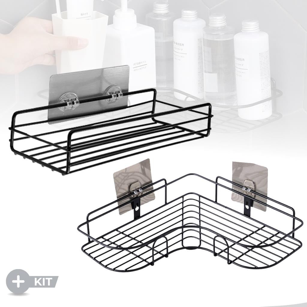 Kit com 2 Prateleira de Banheiro Simples 1 Triangular + 1 Reta Cor Preto ou Bran