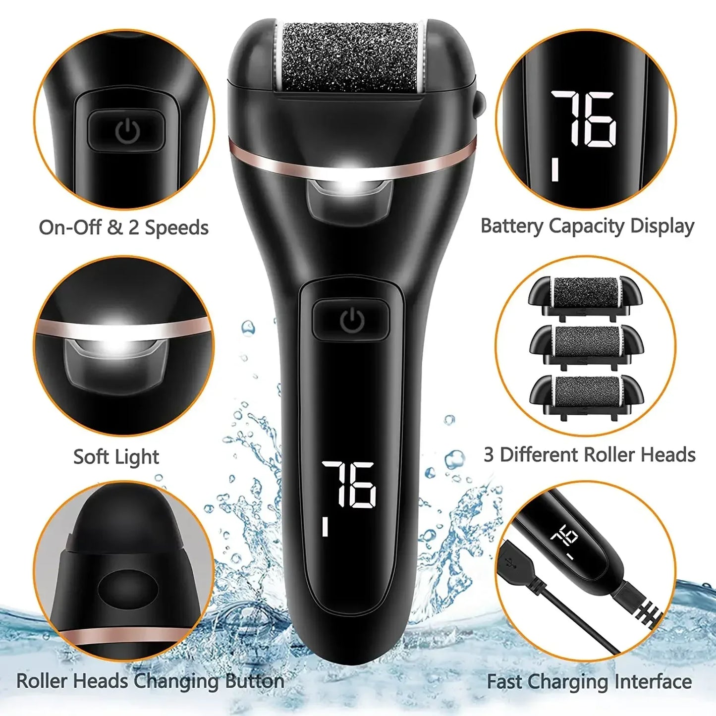 Lixa Elétrica para Pés à Prova D’água | USB, 2 Velocidades e Kit 18 em 1
