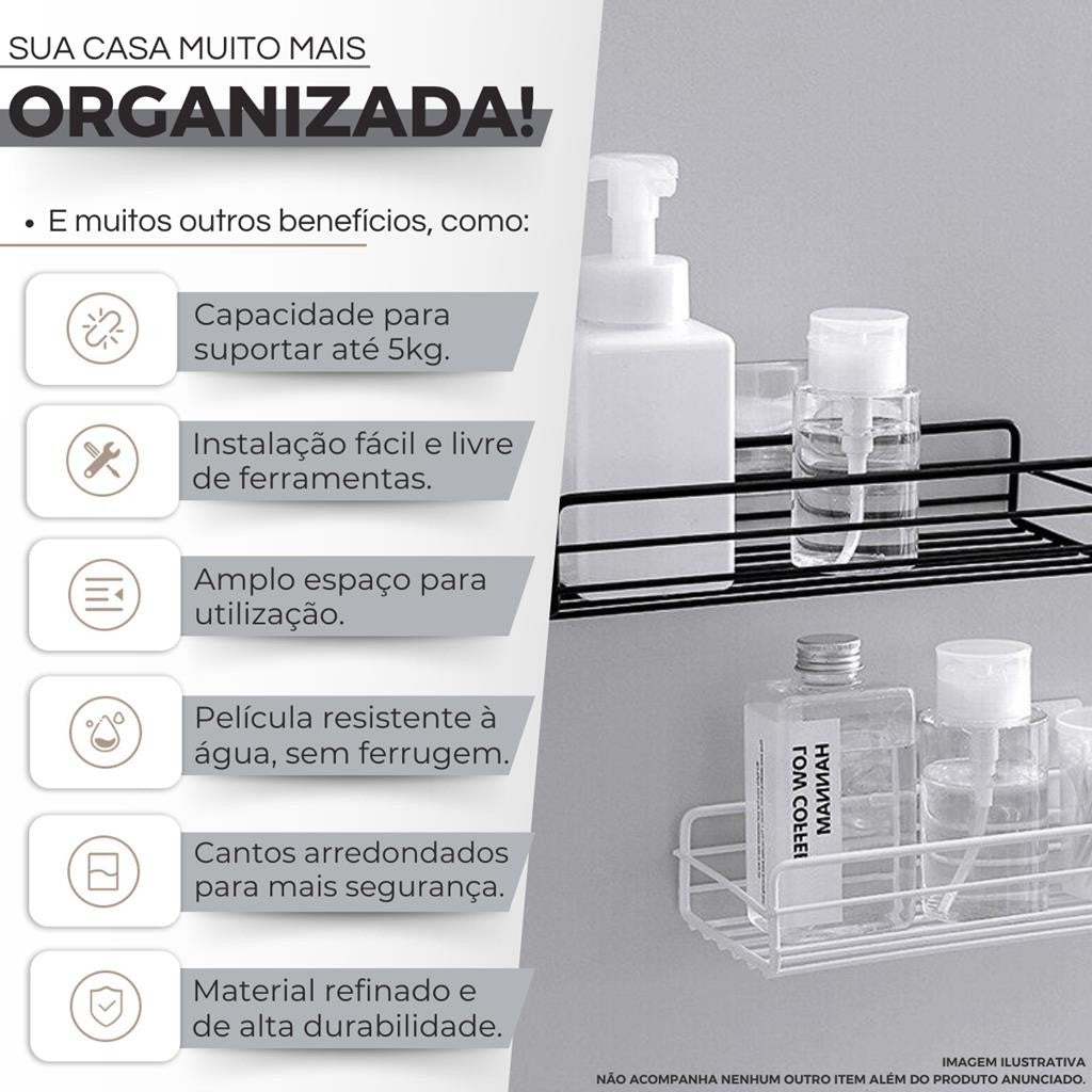 Kit com 2 Prateleira de Banheiro Simples 1 Triangular + 1 Reta Cor Preto ou Bran
